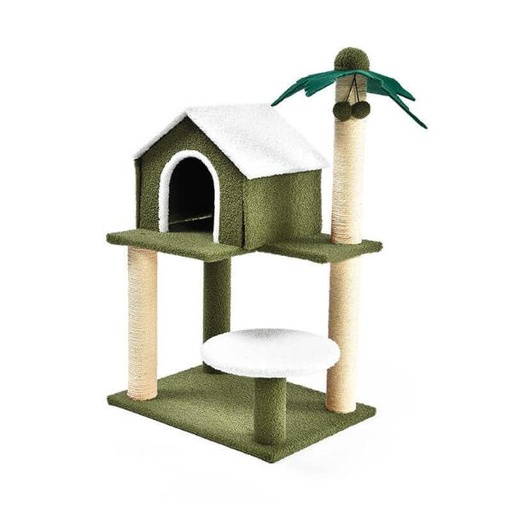 3 TIER CAT TREE WITH COCONUT TREE SCRATCHER HOME & SEAT(GREEN) (55x40x89cm) 